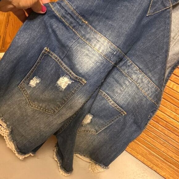 Denim Overall Shorts With Distressed Details & Lace Trim By Mistic Prysm S - Picture 6 of 8